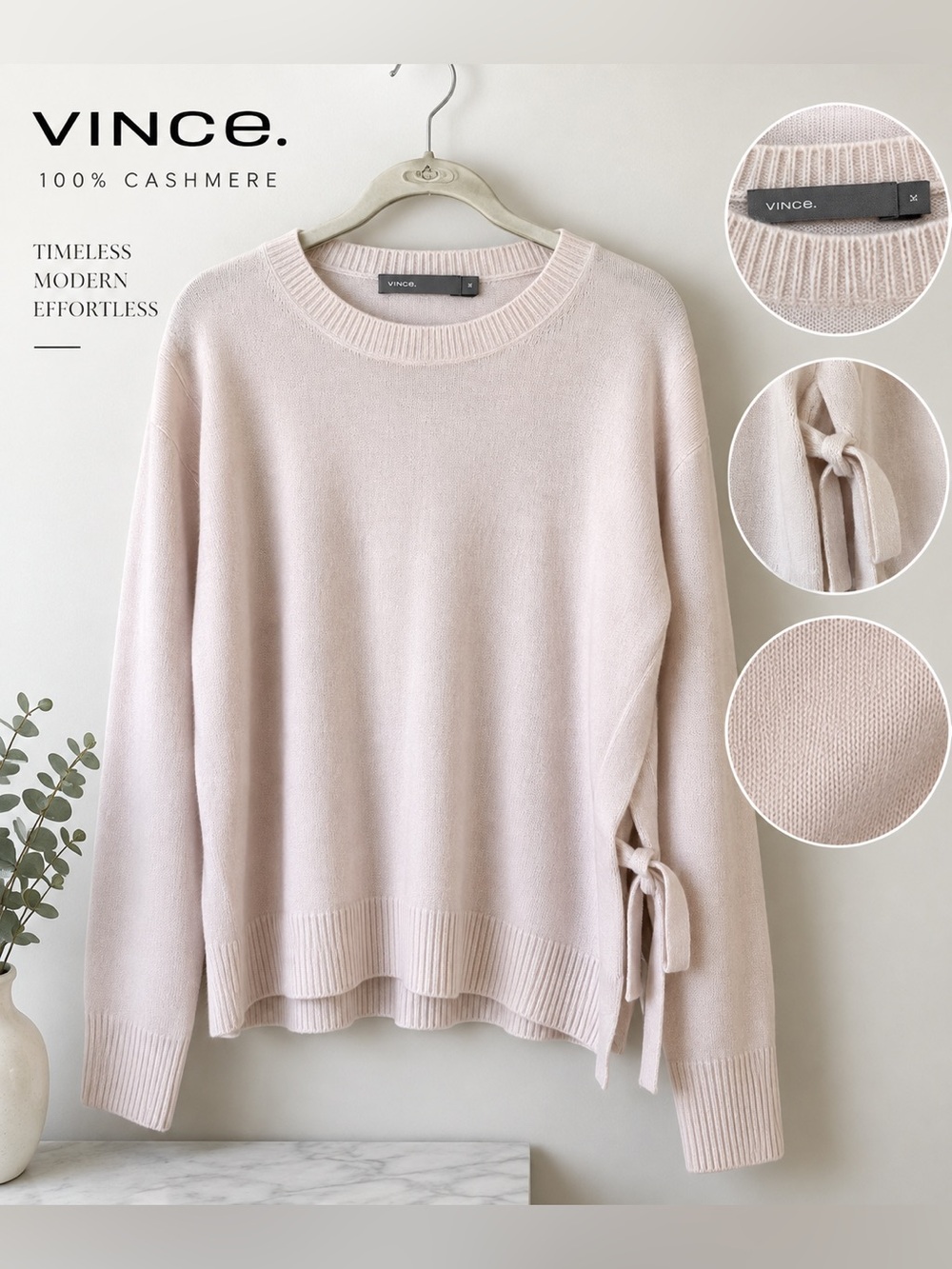 Vince 100% Cashmere Side Tie Sweater M Dusty Pink Crewneck Flaws